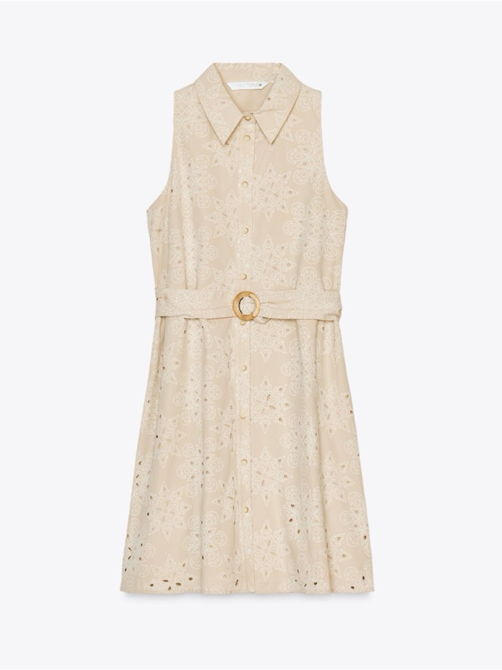 Zara Light Beige Button-Up dress.  Embroidered eyelet smocked dress